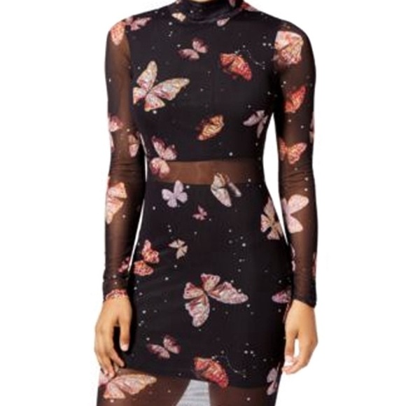 Material Girl Butterfly Printed Mesh Butterfly Bodycon Dress Size Medium - Picture 1 of 16